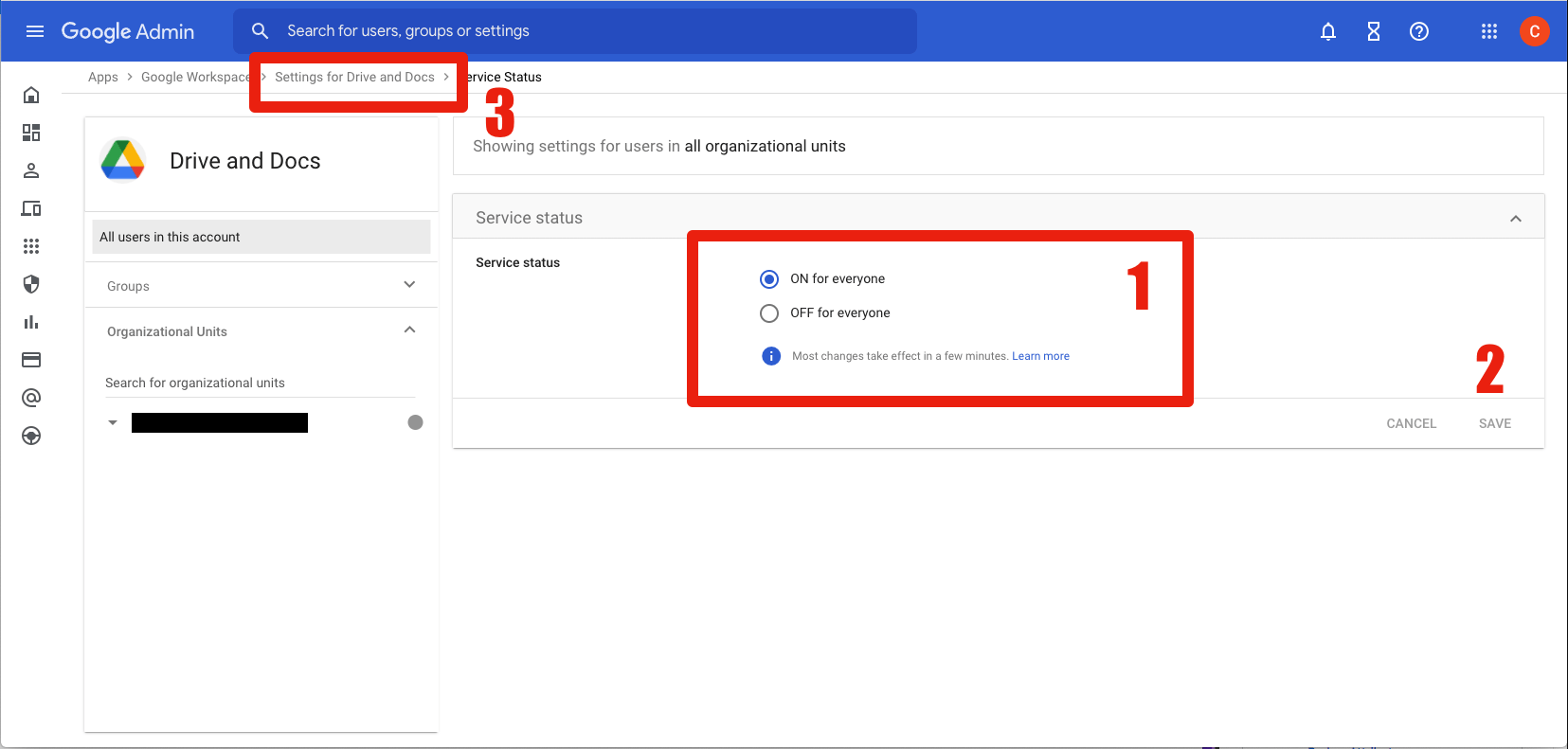 Drive status configuration page with settings enabled